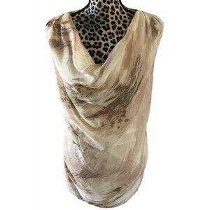 jennifer lopez Top Blouse Size L Artsy Brown Cream Sleeveless Gathered Neck